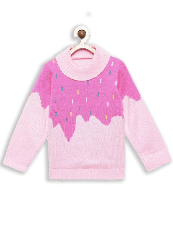 Beautiful Pink Color Acrylic Regular Print Fully Closed Full Sleeves Winter Wear / Sweater For Girls - 5-6 Years(26), Pink