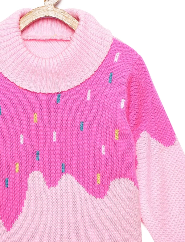 Beautiful Pink Color Acrylic Regular Print Fully Closed Full Sleeves Winter Wear / Sweater For Girls - 5-6 Years(26), Pink