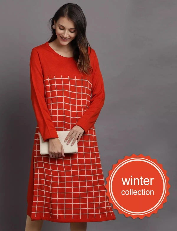 Winter Wear Acrylic Checks Knee Length Straight Kurti For Women-Winter Collection (Size - M/L And  XL/XXL) - XL/2XL, Orange