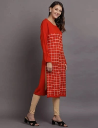 Winter Wear Acrylic Checks Knee Length Straight Kurti For Women-Winter Collection (Size - M/L And  XL/XXL) - XL/2XL, Orange