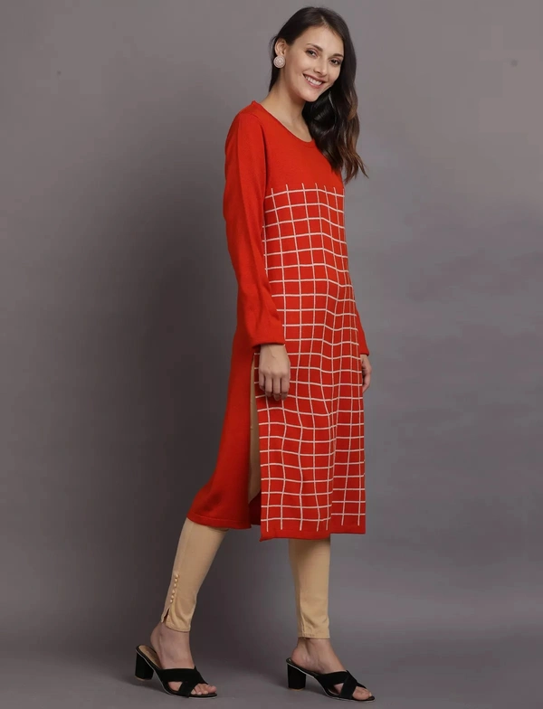Winter Wear Acrylic Checks Knee Length Straight Kurti For Women-Winter Collection (Size - M/L And  XL/XXL) - XL/2XL, Orange