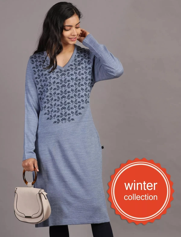 Winter Wear Acrylic Acro Wool Knee Length Straight Kurti For Women-Winter Collection -BLUE (Size - M/L And  XL/XXL) - M/L, Blue