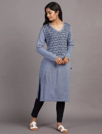 Winter Wear Acrylic Acro Wool Knee Length Straight Kurti For Women-Winter Collection -BLUE (Size - M/L And  XL/XXL) - M/L, Blue