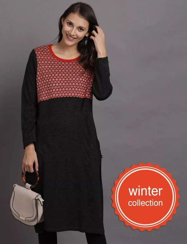 Winter Wear Acrylic Jacquard Knee Length Straight Kurti For Women-Winter Collection -BLUE (Size L - M/L And Size XL- XL/XXL) - M/L, Black