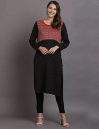 Winter Wear Acrylic Jacquard Knee Length Straight Kurti For Women-Winter Collection -BLUE (Size L - M/L And Size XL- XL/XXL) - M/L, Black