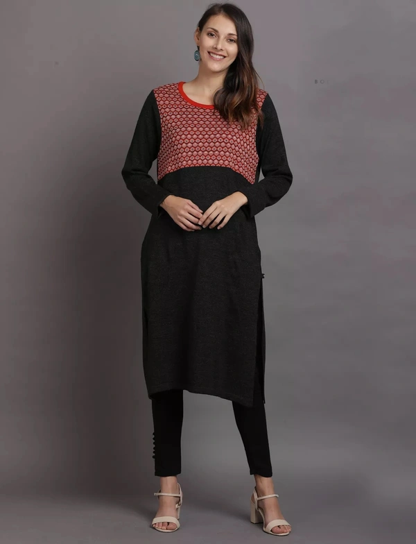 Winter Wear Acrylic Jacquard Knee Length Straight Kurti For Women-Winter Collection -BLUE (Size L - M/L And Size XL- XL/XXL) - M/L, Black