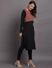 Winter Wear Acrylic Jacquard Knee Length Straight Kurti For Women-Winter Collection -BLUE (Size L - M/L And Size XL- XL/XXL) - M/L, Black