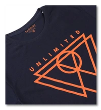 Cotton Rich Round Neck Placement Print T-Shirt Men-UNLIMITED ADVENTURE - Medium(M), Navy