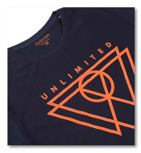 Cotton Rich Round Neck Placement Print T-Shirt Men-UNLIMITED ADVENTURE - Medium(M), Navy