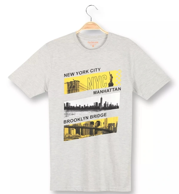  Cotton Rich Round Neck Graphic Printed T-Shirt Men- NYC  - X-Large (XL), Grey Melange