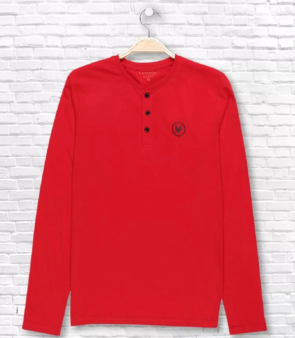 Cotton Rich Henley Neck Logo Print T-Shirt for Men - RED - Large (L), Red