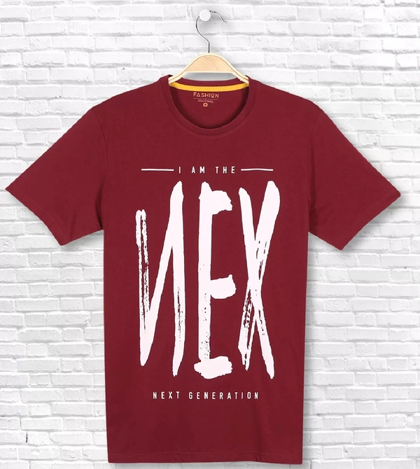  Cotton Rich Round Neck Graphic Print T-Shirt Men - NEX - Small (S), Maroon
