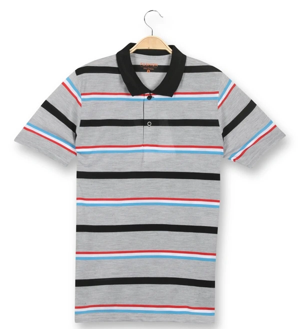 Poly Blend Collar Neck Striped T-Shirt Men-Grey And Black - Medium (M), Grey