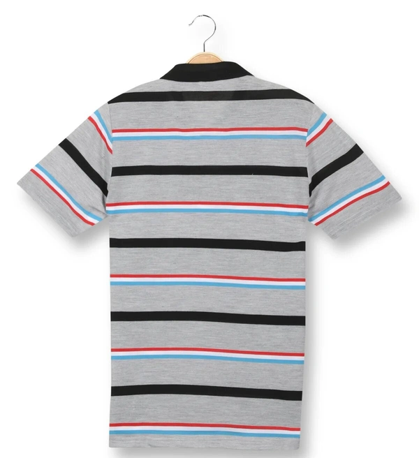 Poly Blend Collar Neck Striped T-Shirt Men-Grey And Black - Medium (M), Grey