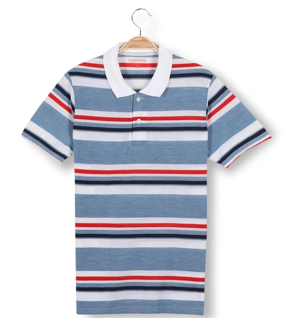 Blend Fabric Collar Neck Striped T-Shirt Men-Turquoish And White - X-Large (XL), Turquoish