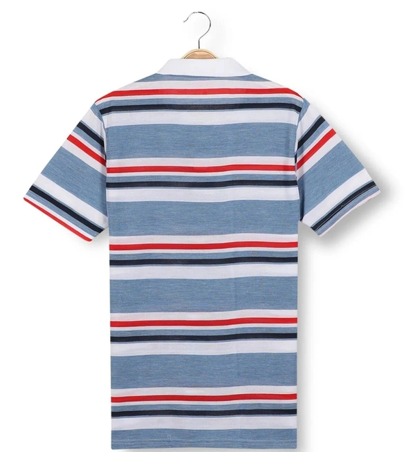 Blend Fabric Collar Neck Striped T-Shirt Men-Turquoish And White - X-Large (XL), Turquoish