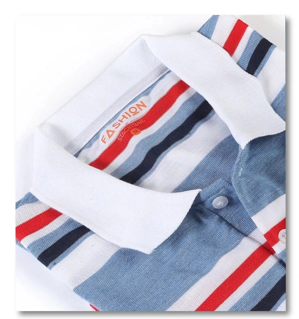 Blend Fabric Collar Neck Striped T-Shirt Men-Turquoish And White - X-Large (XL), Turquoish