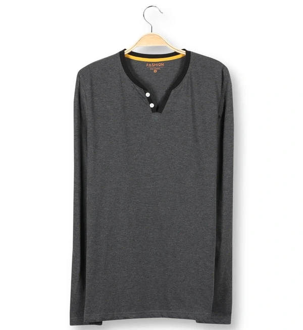 Cotton Rich Henley Neck Solid / Plain T-Shirt Men - Large (L), Anthra Melange