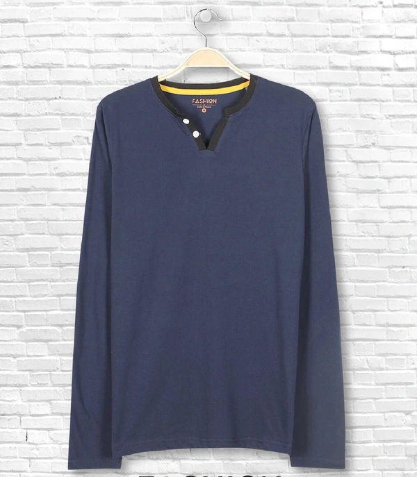 Cotton Rich Henley Neck Solid / Plain T-Shirt Men - Large (L), Navy