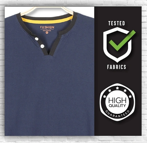 Cotton Rich Henley Neck Solid / Plain T-Shirt Men - Large (L), Navy