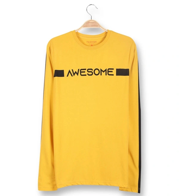 Cotton Rich Round Neck Graphic Printed T-Shirt Men-Awesome - Large (L), Yellow