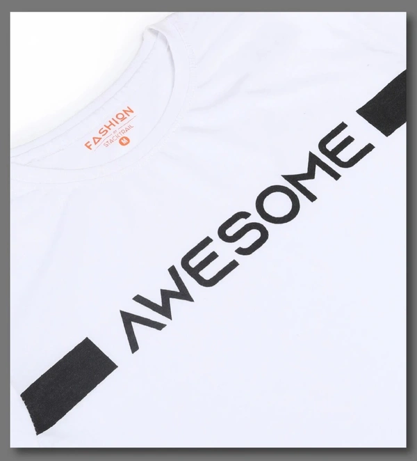 Cotton Rich Round Neck Graphic Printed T-Shirt Men-Awesome - Large (L), White