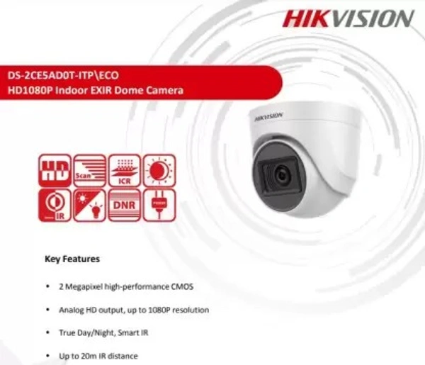 HIKVISION TURBO HD 1080p Indoor IR Turret Camera - 2 MP / Day & Night Switch Smart IR (EXIR Technology) / 20m IR Distance - Free Size, White