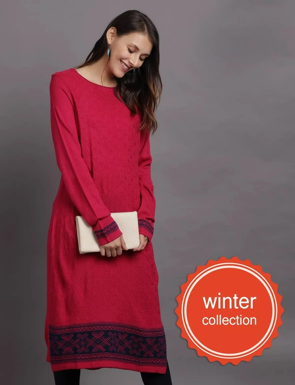 Winter Wear Acrylic Embellished / Sequine Knee Length Straight Kurti For Women-Winter Collection - Fuschia (Size L - M/L And Size XL- XL/XXL) - XL/XXL, Fuschia
