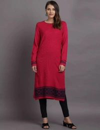 Winter Wear Acrylic Embellished / Sequine Knee Length Straight Kurti For Women-Winter Collection - Fuschia (Size L - M/L And Size XL- XL/XXL) - XL/XXL, Fuschia