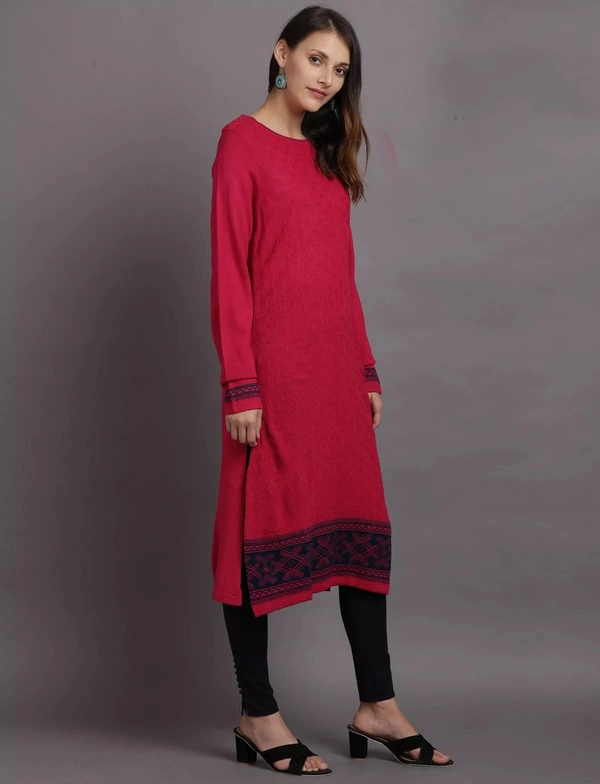 Winter Wear Acrylic Embellished / Sequine Knee Length Straight Kurti For Women-Winter Collection - Fuschia (Size L - M/L And Size XL- XL/XXL) - XL/XXL, Fuschia