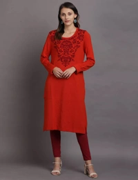 Winter Wear Acrylic Jacquard Knee Length Straight Kurti For Women-Winter Collection - ORANGE (Size L - M/L And Size XL- XL/XXL) - XL/XXL, Orange