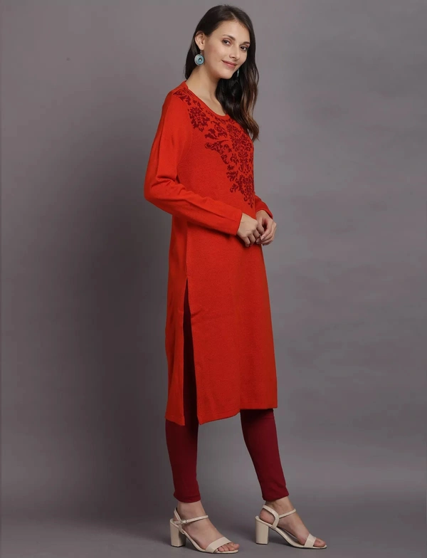 Winter Wear Acrylic Jacquard Knee Length Straight Kurti For Women-Winter Collection - ORANGE (Size L - M/L And Size XL- XL/XXL) - XL/XXL, Orange