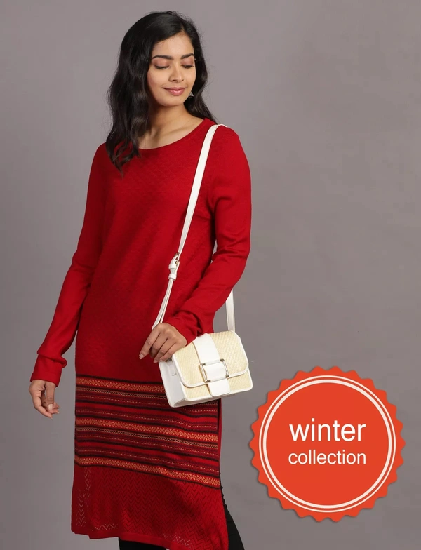 Winter Wear Acrylic Acro Wool Knee Length Straight Kurti For Women-Winter Collection -Red (Size L - M/L And Size XL- XL/XXL) - M/L, Red