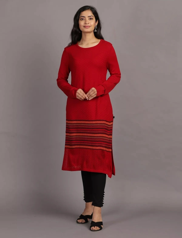 Winter Wear Acrylic Acro Wool Knee Length Straight Kurti For Women-Winter Collection -Red (Size L - M/L And Size XL- XL/XXL) - M/L, Red