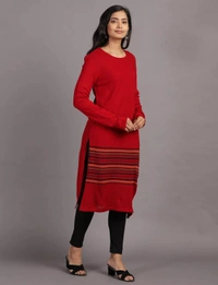 Winter Wear Acrylic Acro Wool Knee Length Straight Kurti For Women-Winter Collection -Red (Size L - M/L And Size XL- XL/XXL) - M/L, Red