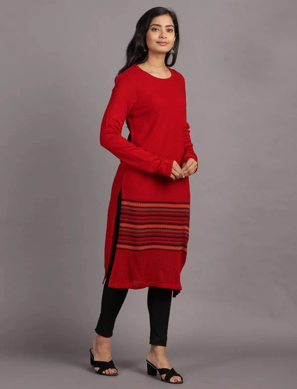 Winter Wear Acrylic Acro Wool Knee Length Straight Kurti For Women-Winter Collection -Red (Size L - M/L And Size XL- XL/XXL) - M/L, Red