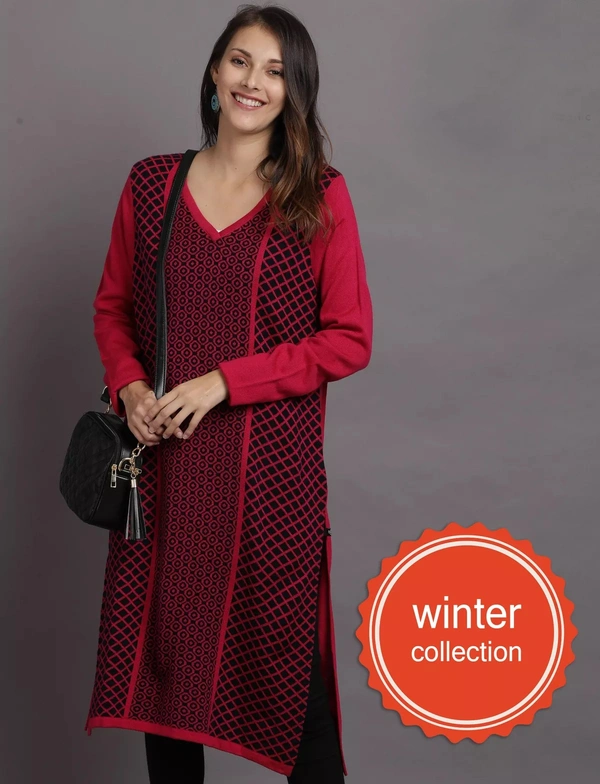 Winter Wear Acrylic Printed Calf Knee Length Straight Kurti For Women-Winter Collection -Fuschia (Size L - M/L And Size XL- XL/XXL) - XL/XXL, Fuschia