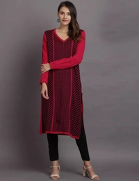 Winter Wear Acrylic Printed Calf Knee Length Straight Kurti For Women-Winter Collection -Fuschia (Size L - M/L And Size XL- XL/XXL) - XL/XXL, Fuschia