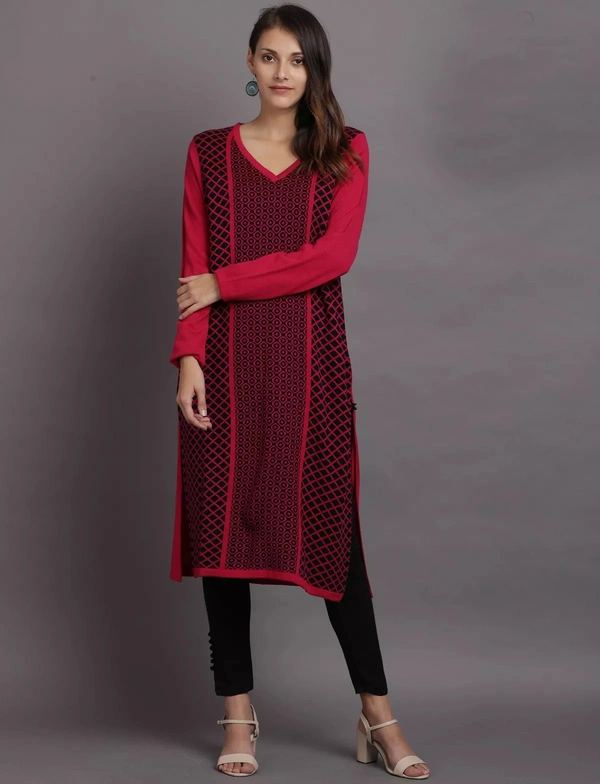Winter Wear Acrylic Printed Calf Knee Length Straight Kurti For Women-Winter Collection -Fuschia (Size L - M/L And Size XL- XL/XXL) - XL/XXL, Fuschia