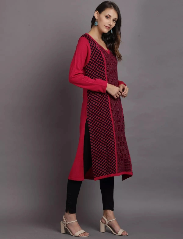Winter Wear Acrylic Printed Calf Knee Length Straight Kurti For Women-Winter Collection -Fuschia (Size L - M/L And Size XL- XL/XXL) - XL/XXL, Fuschia