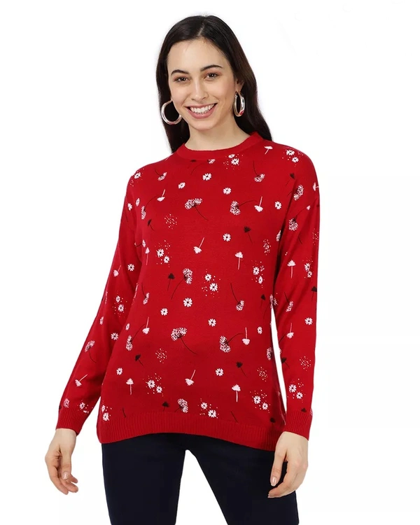 Polyester Floral Print Sweater For Women - M, Red