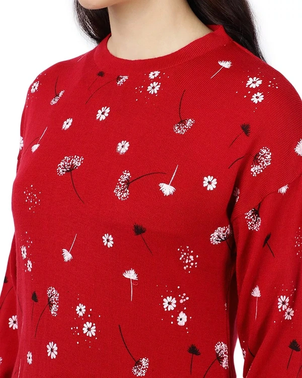 Polyester Floral Print Sweater For Women - M, Red