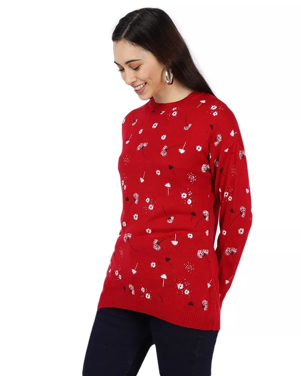 Polyester Floral Print Sweater For Women - M, Red