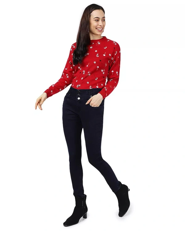 Polyester Floral Print Sweater For Women - M, Red