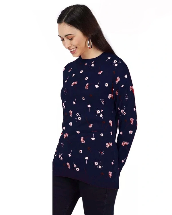 Polyester Floral Print Sweater For Women - S, Navy Blue