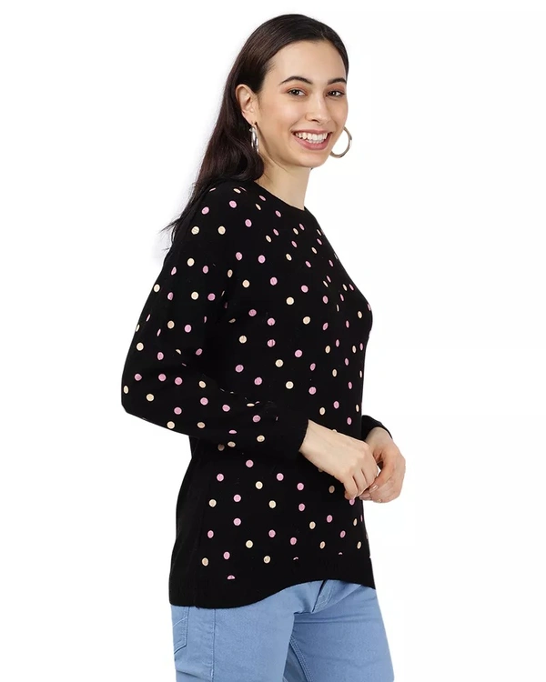 Polyester Polka Print Sweater For Women - L, Black
