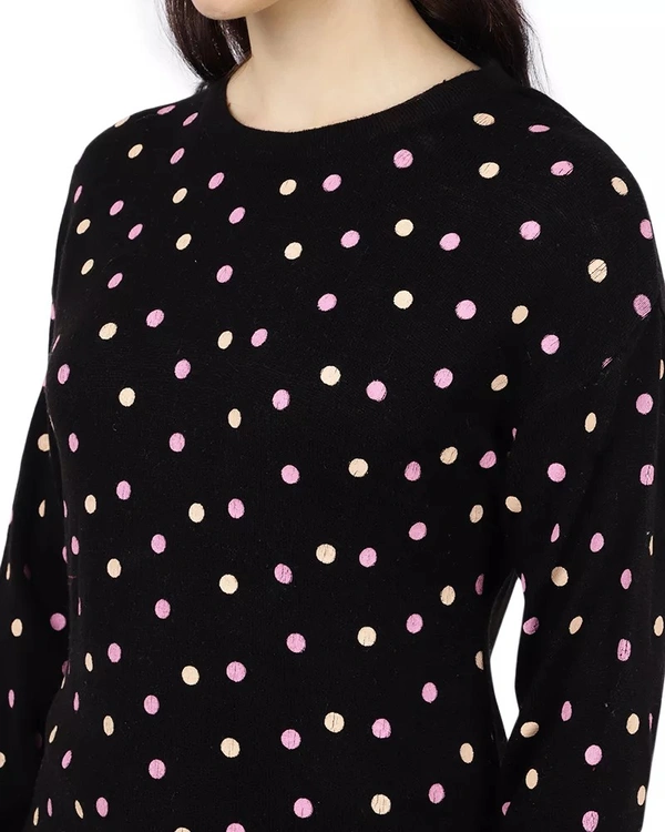 Polyester Polka Print Sweater For Women - L, Black