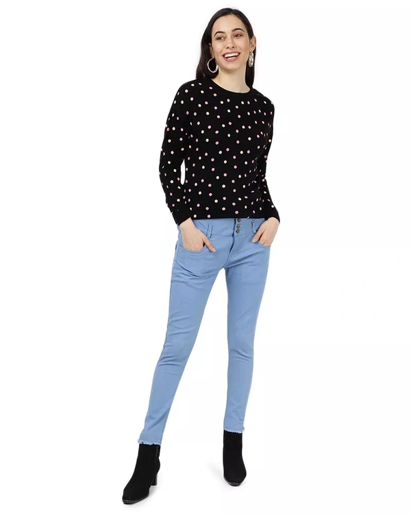 Polyester Polka Print Sweater For Women - L, Black