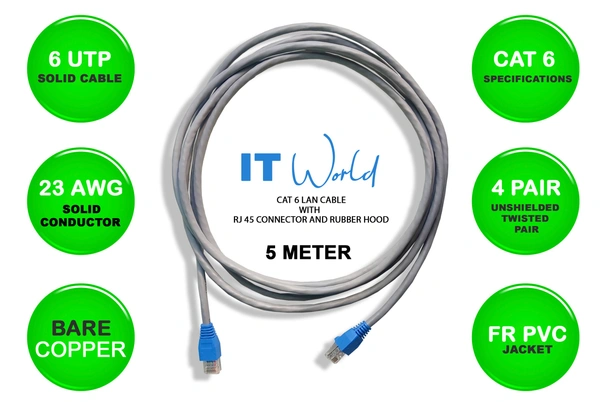 CAT 6 LAN Cable With RJ45 Connector And RJ45 Rubber Hood - 5 Meter