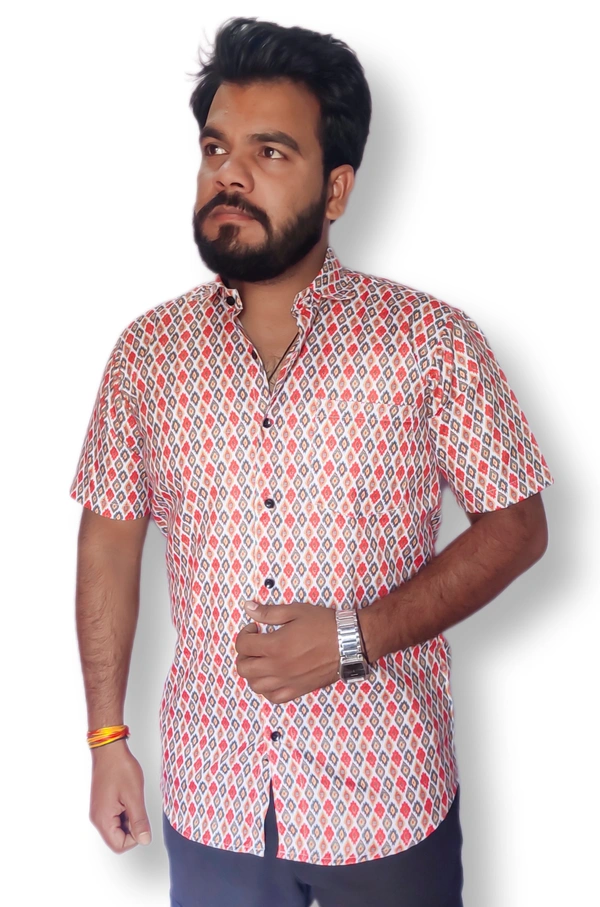 Sanganeri Print Heavy Makhmal Half Sleeves Full Printed Shirts For Men's - L, Multicolor